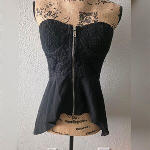 Y2K Forever 21 Exclusive Black Lace Bustier Peplum Top Medium Zip Front